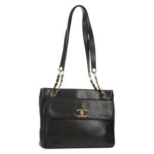 CHANEL Matelasse Big COCO Mark Chain Bag Lamb Skin Black Gold CC Auth 149721